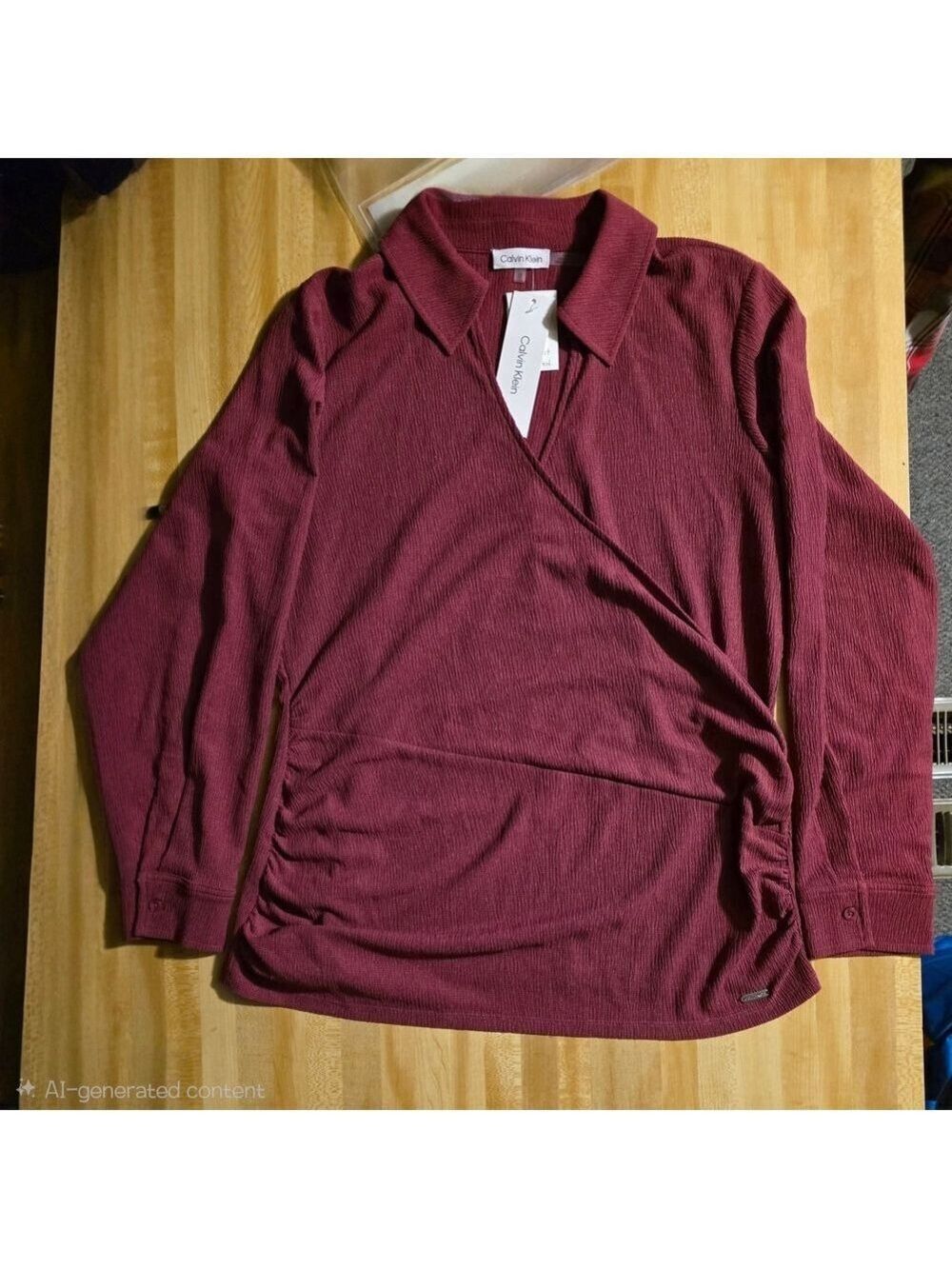 Calvin Klein Burgundy Ribbed Wrap Top XL #BL6 - Picture 3 of 9